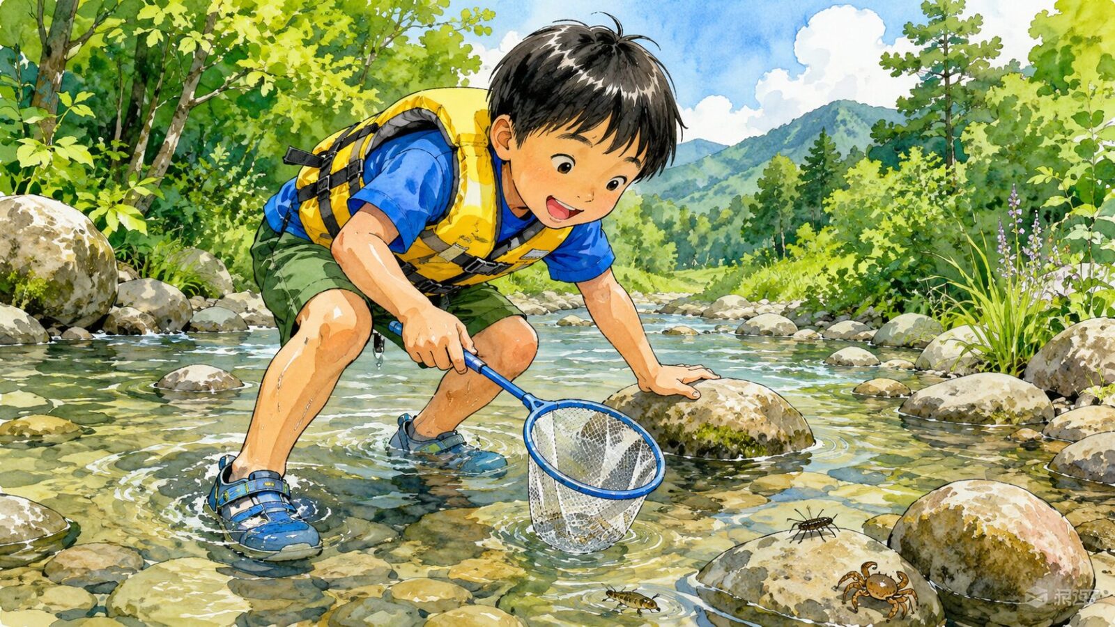 川の浅瀬で網を持って生き物を探す子供