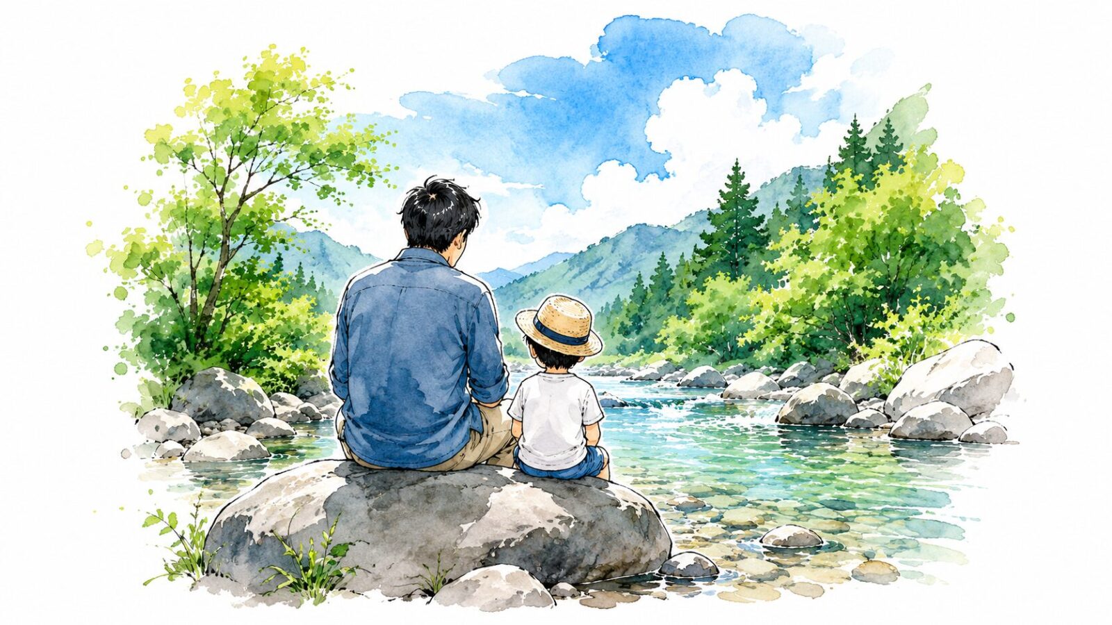 川辺で笑顔を見せる家族の後ろ姿
