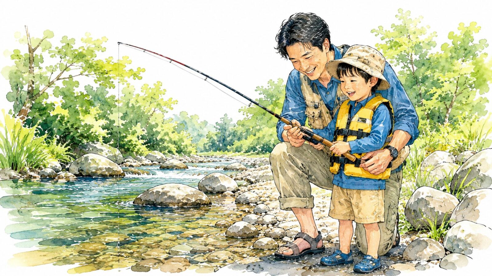 夏の渓流で魚釣りを楽しむ親子