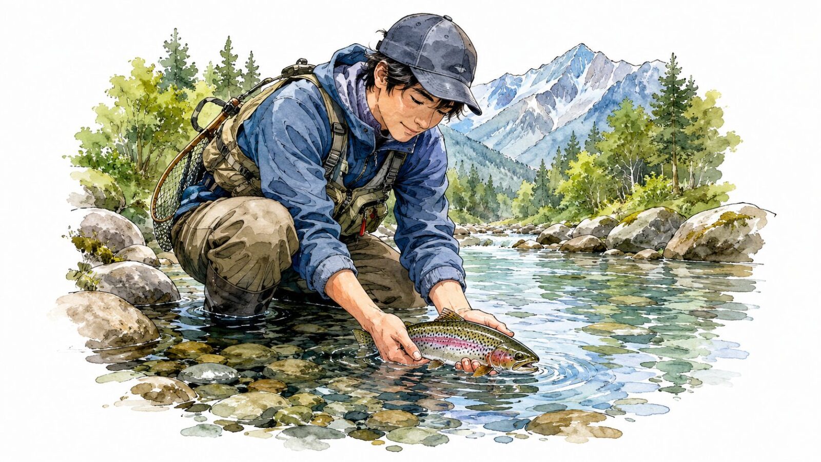 魚を優しくリリースする様子