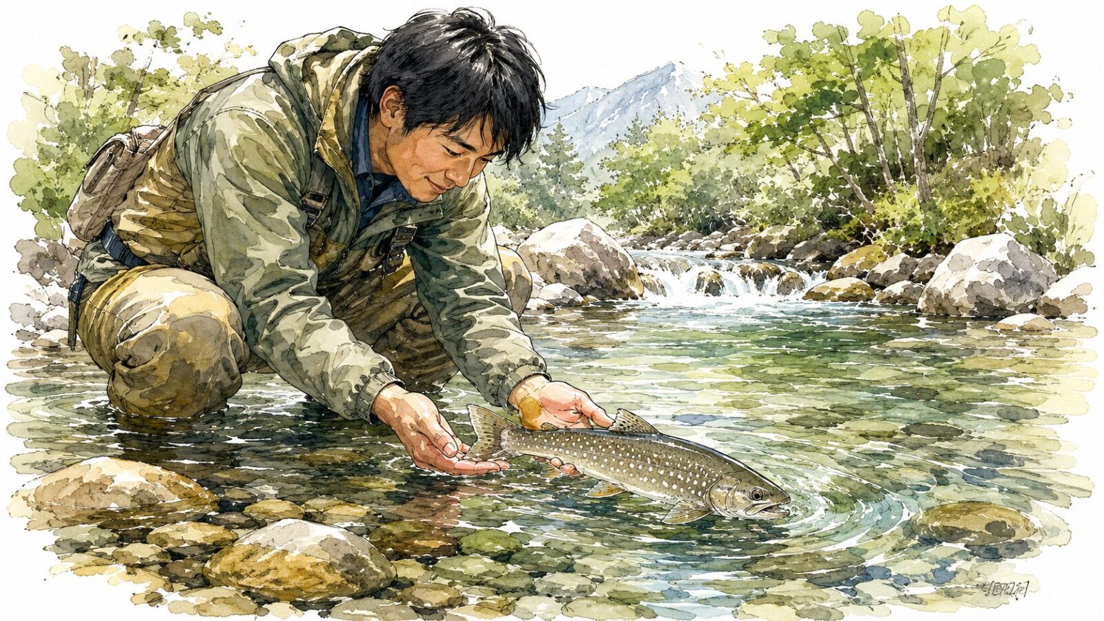 美しいイワナをリリースするアングラー