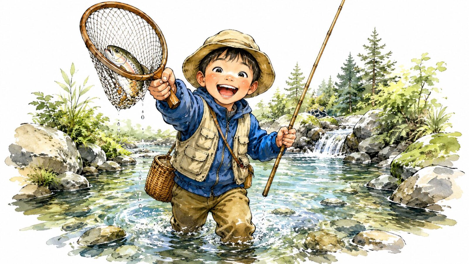 エサ釣りで魚を釣り上げて喜ぶ子供
