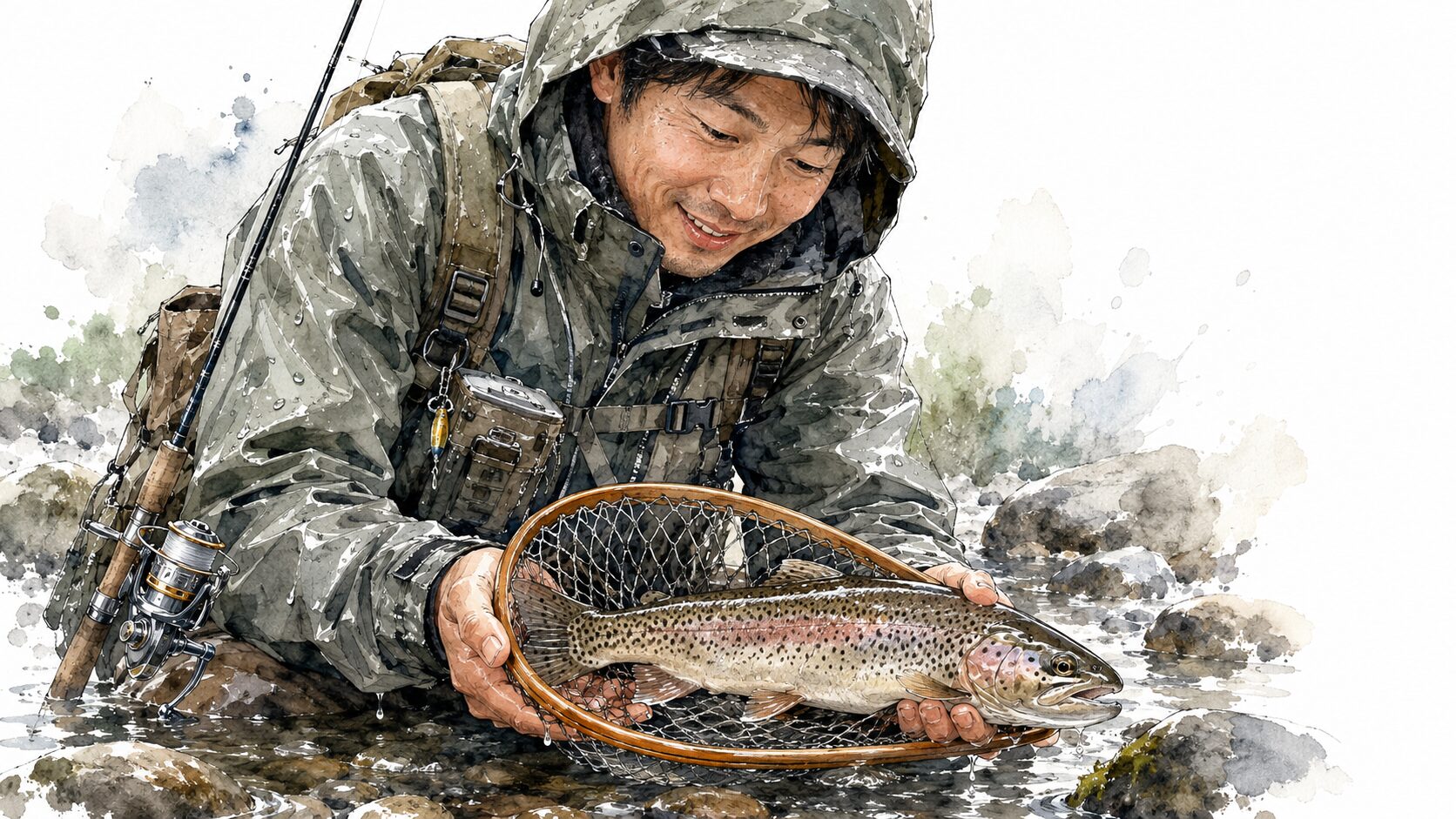 雨の中で魚を釣り上げた喜び