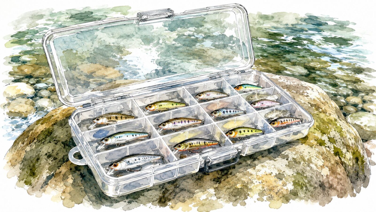 様々なサイズやカラーの渓流ルアーが入ったボックス