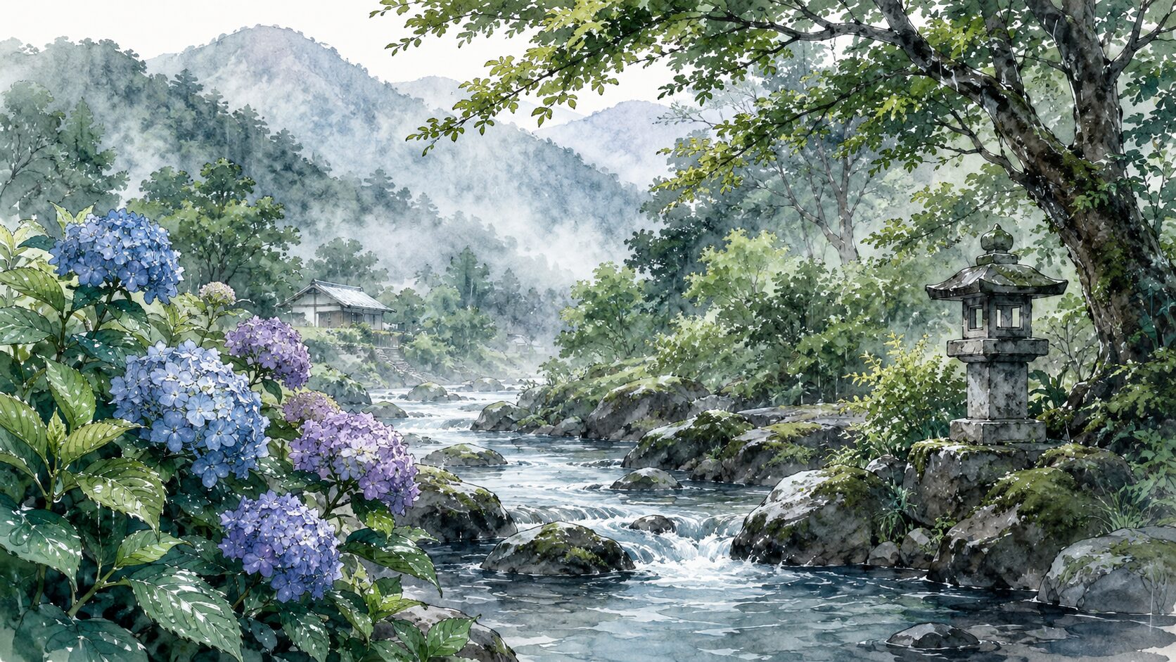 梅雨の霧がかる渓流