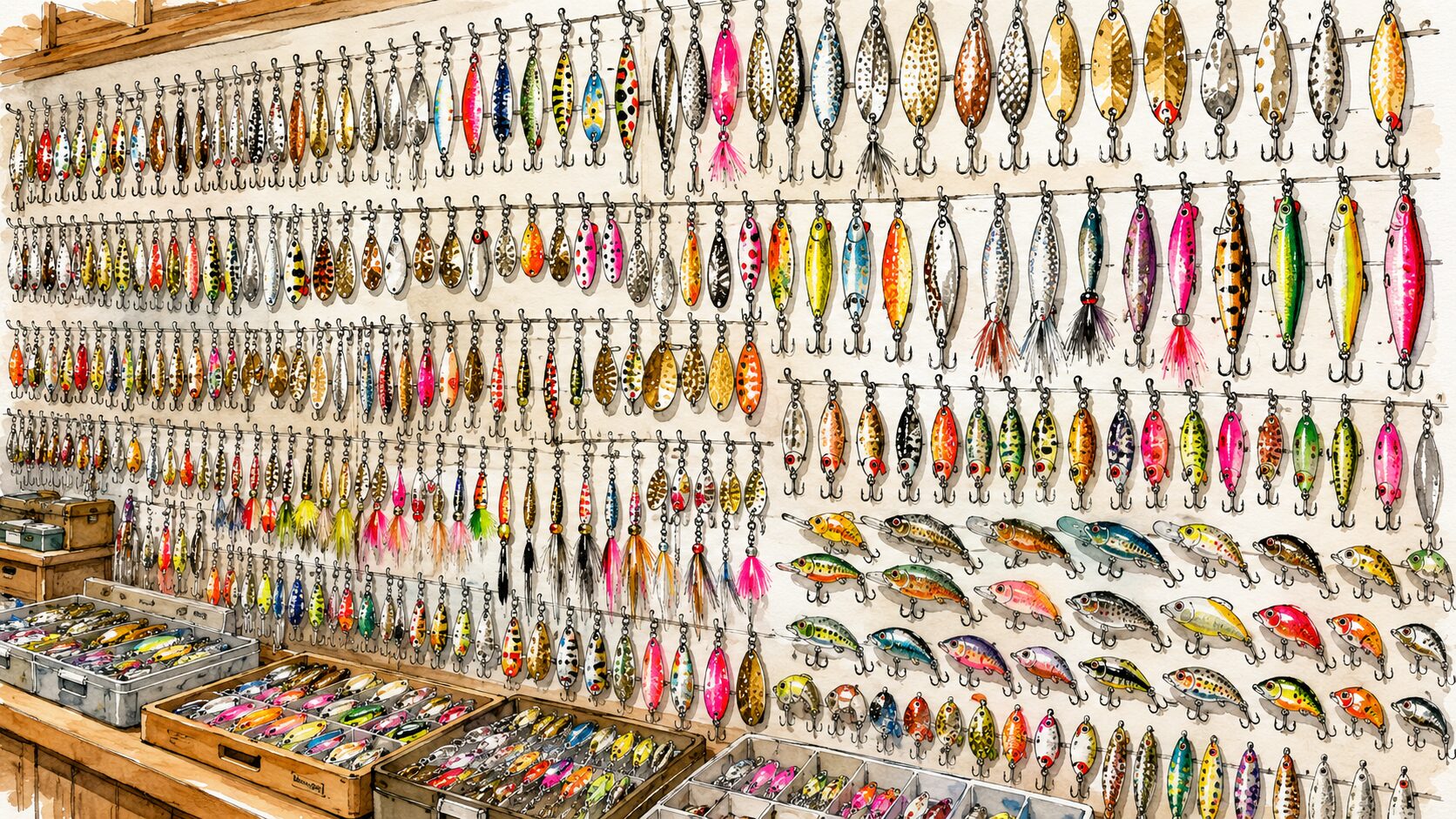 釣り具屋のルアーの壁