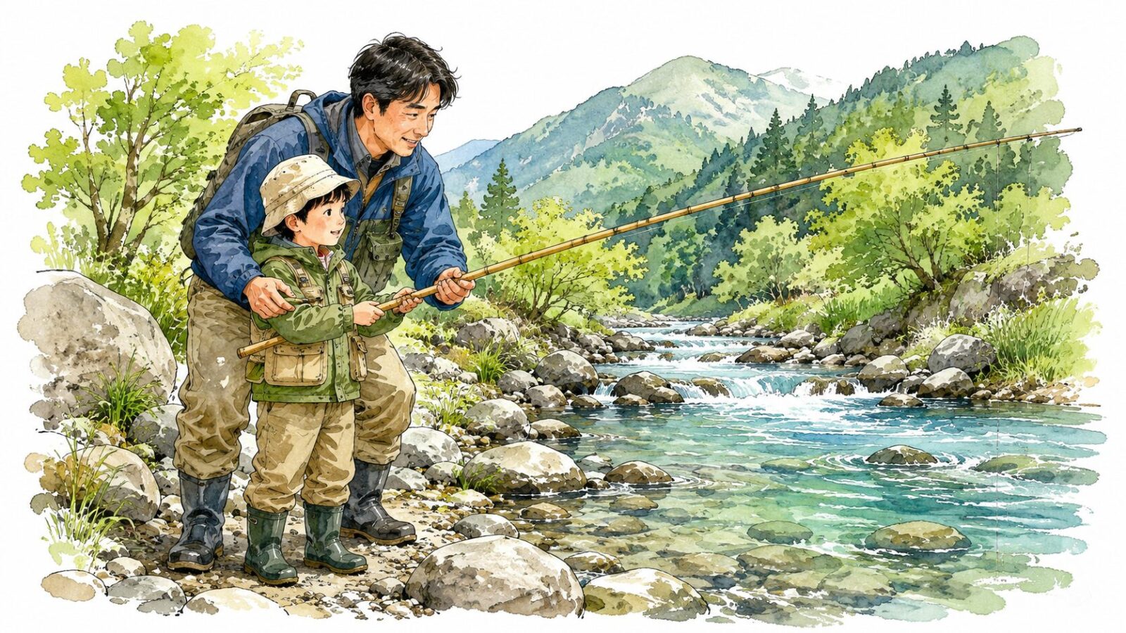渓流でエサ釣りを楽しむ親子の様子