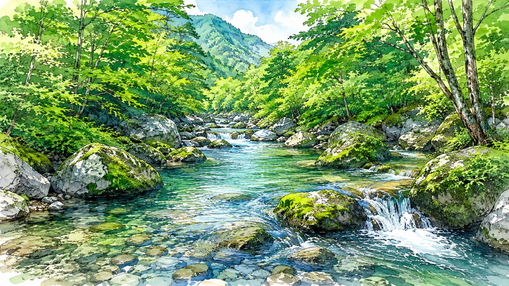 美しい夏の緑と清流