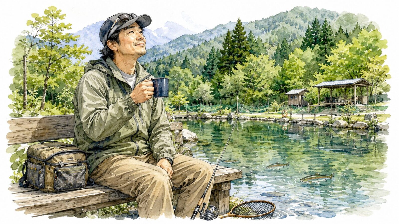 釣り場でリラックスしてコーヒーを飲むアングラー