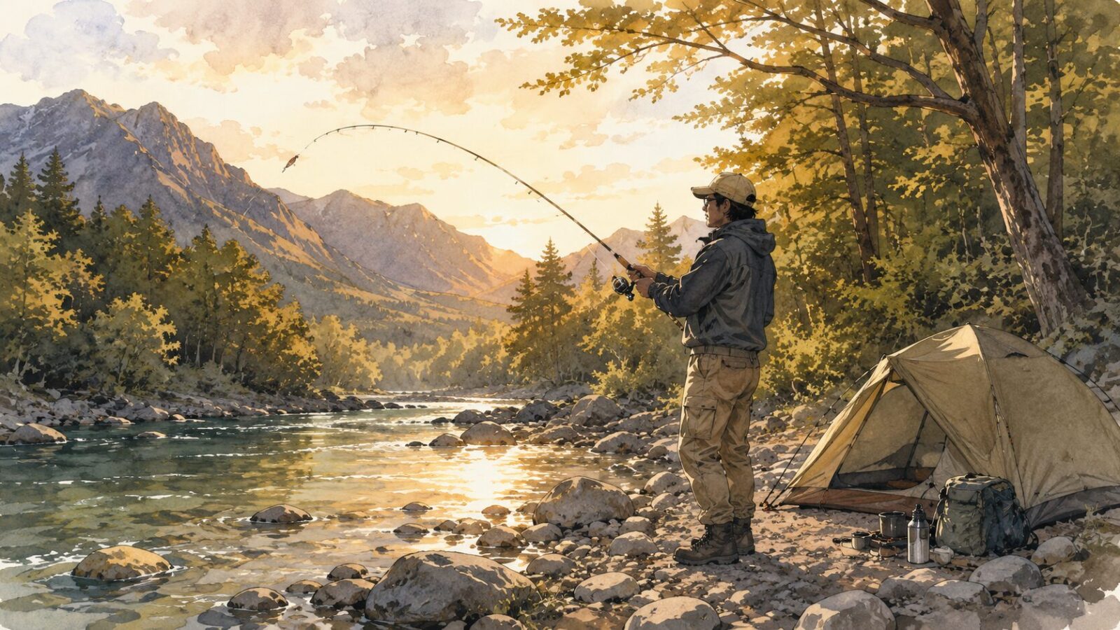 テントの前でリラックスしながら釣りをするアングラー