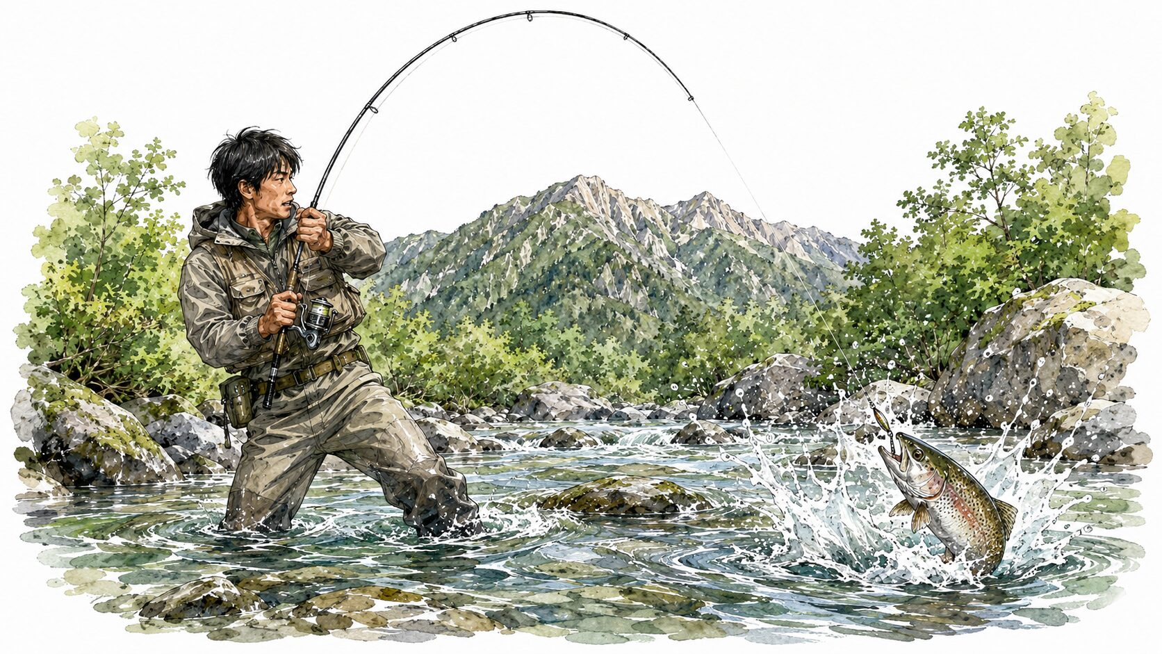 魚を掛けてしなるロッド