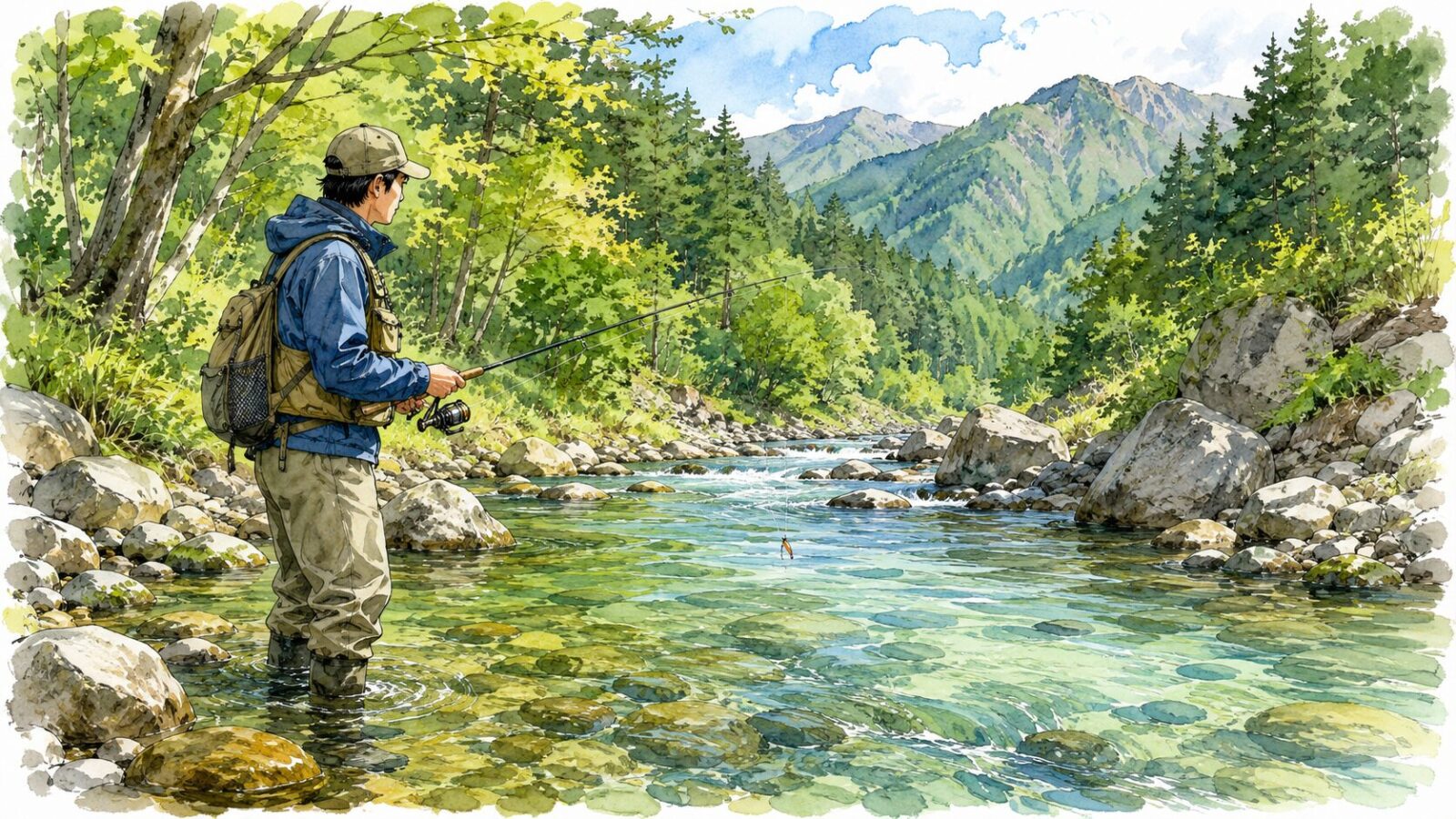 安全な水量で美しい渓流釣りを楽しむアングラー