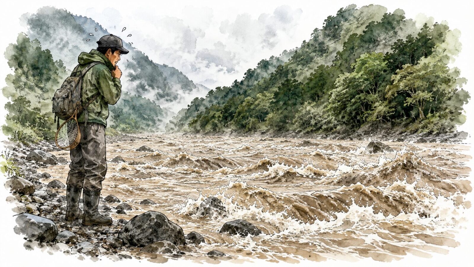 濁流の川を見て足がすくむアングラー