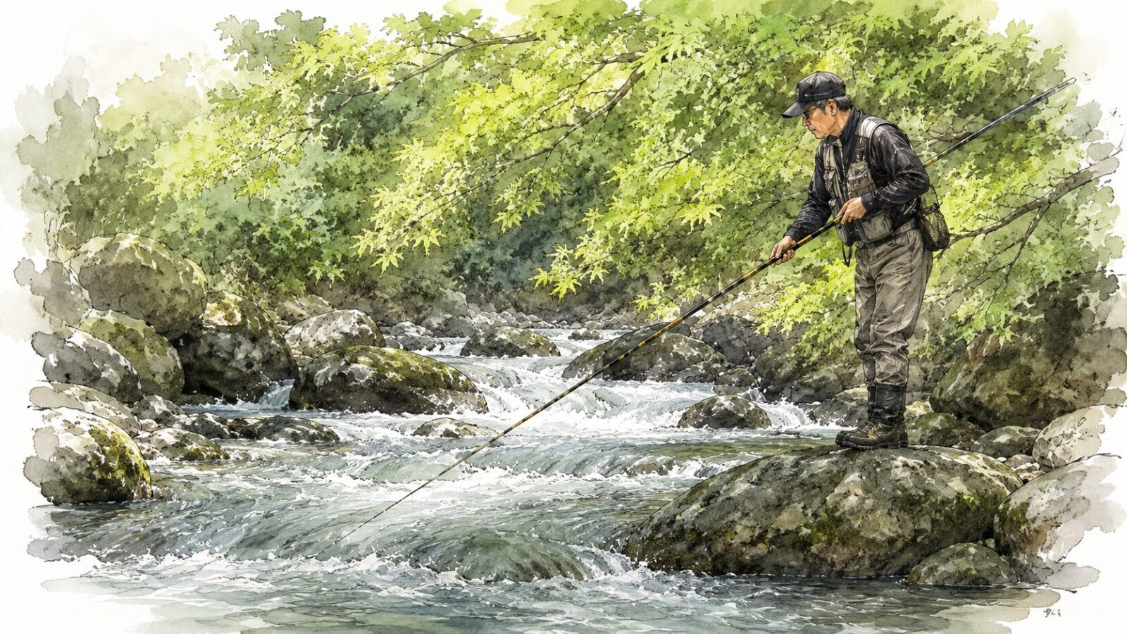 伝統的なアユの友釣りの風景（水墨風）