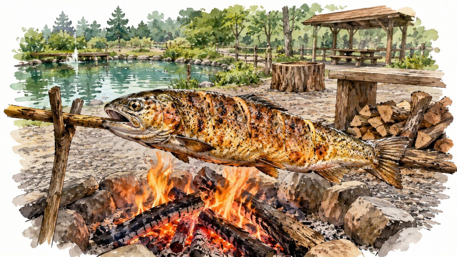 釣った魚を塩焼きにして食べるシーン