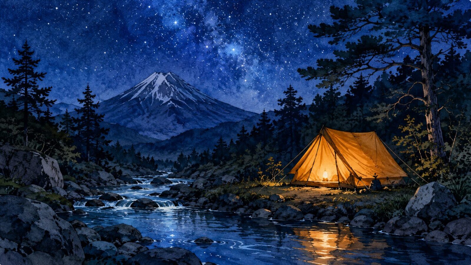 星空の下、テントの前で静かに過ごすアングラー