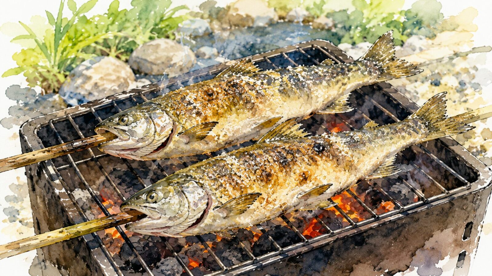 炭火で美味しそうに焼かれる渓流魚