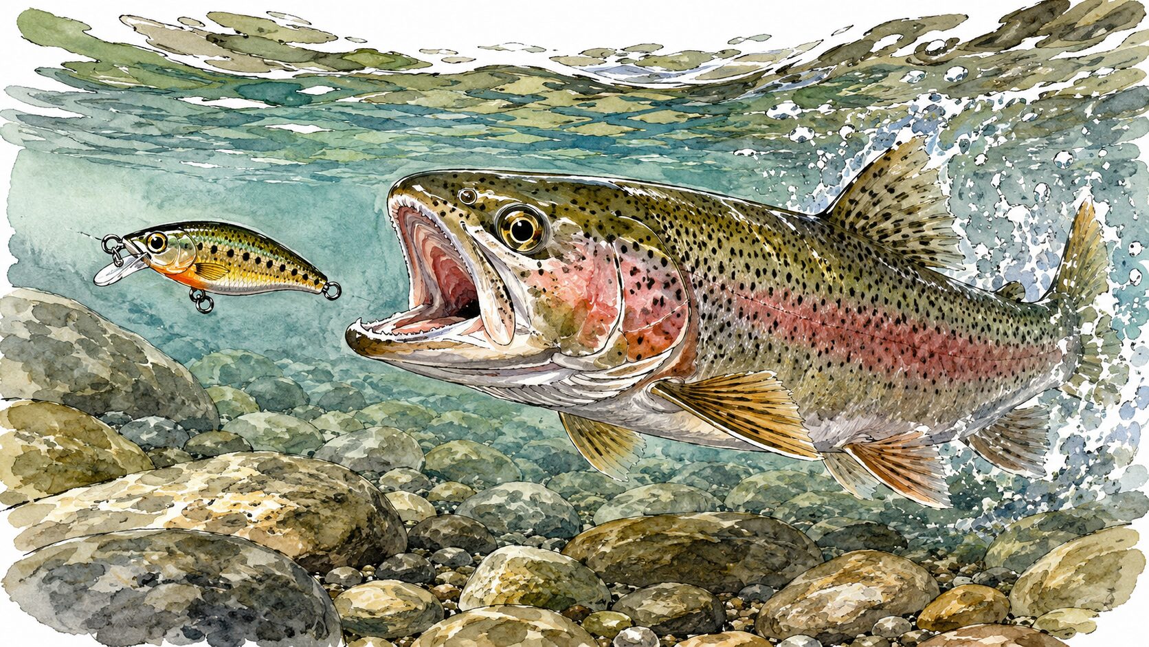 一瞬動きを止めたルアーに迫る魚