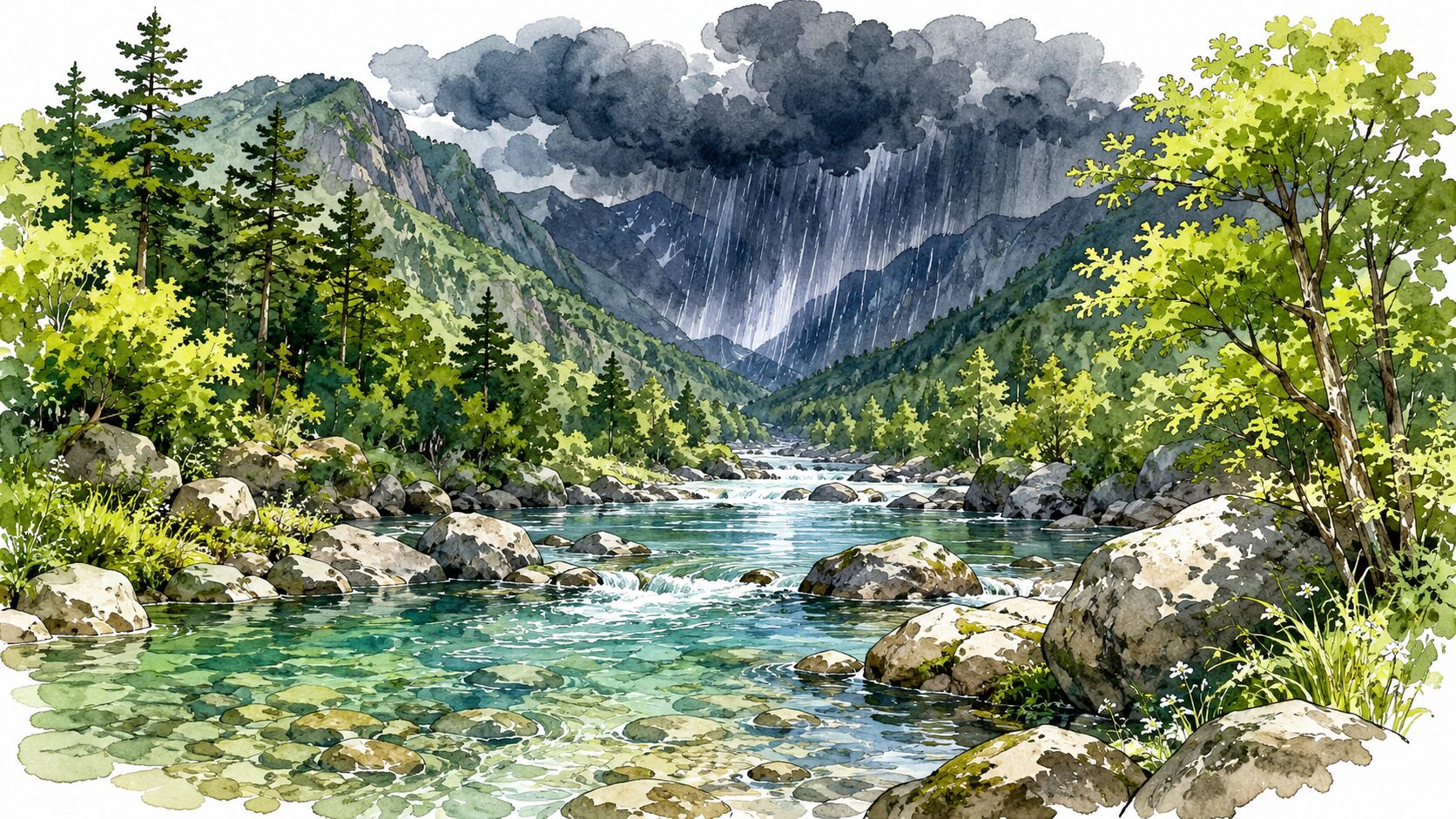 上流で降る豪雨のイメージ