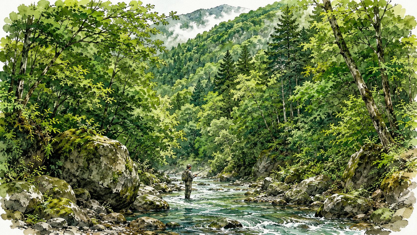 大自然に囲まれて釣りをする様子