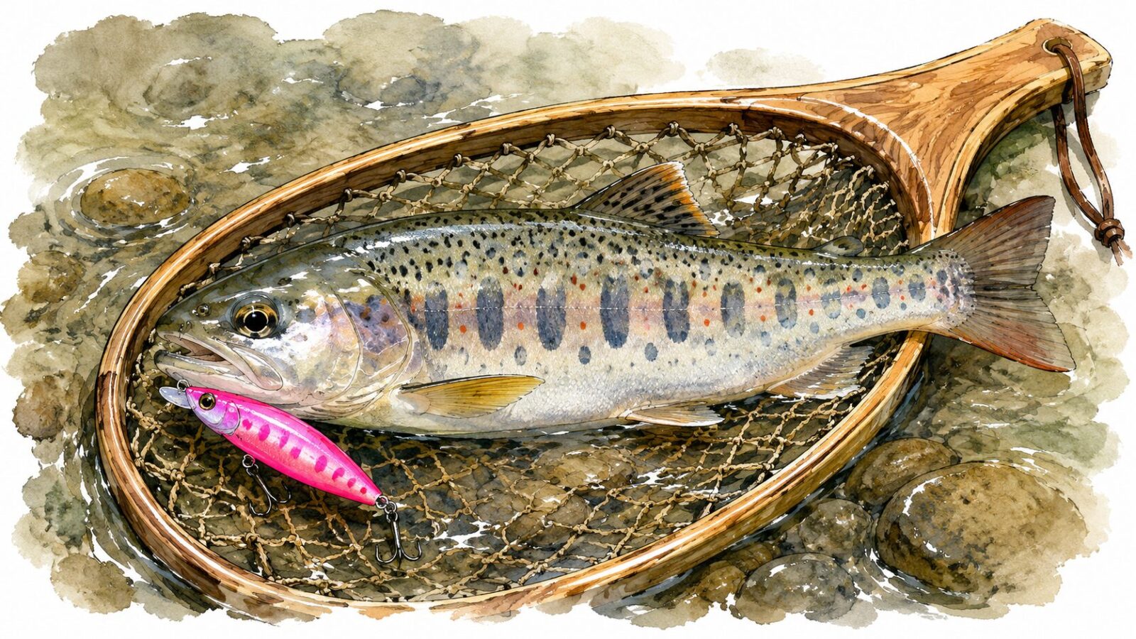 ピンク色のルアーで釣り上げたヤマメ