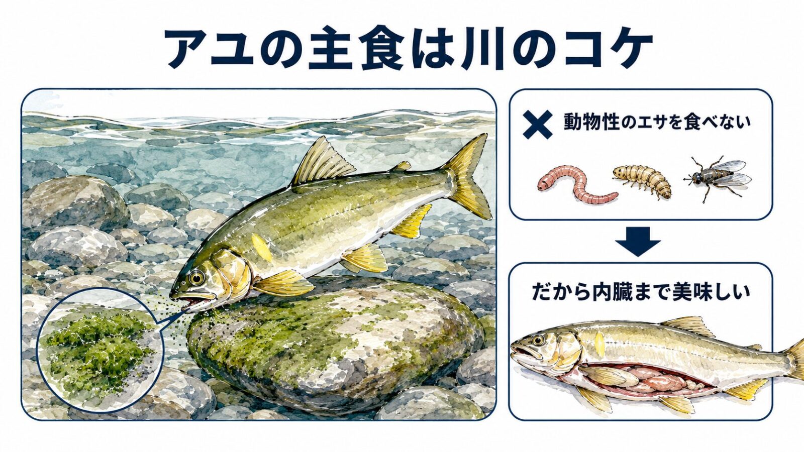 コケを食べるアユの生態図解