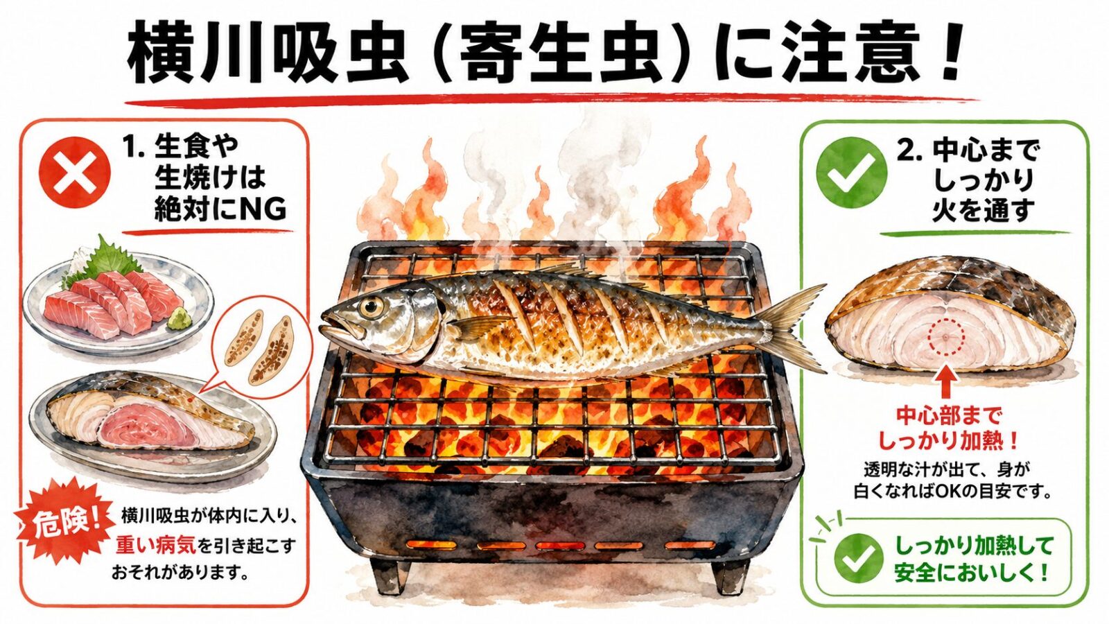 寄生虫と加熱の注意図解