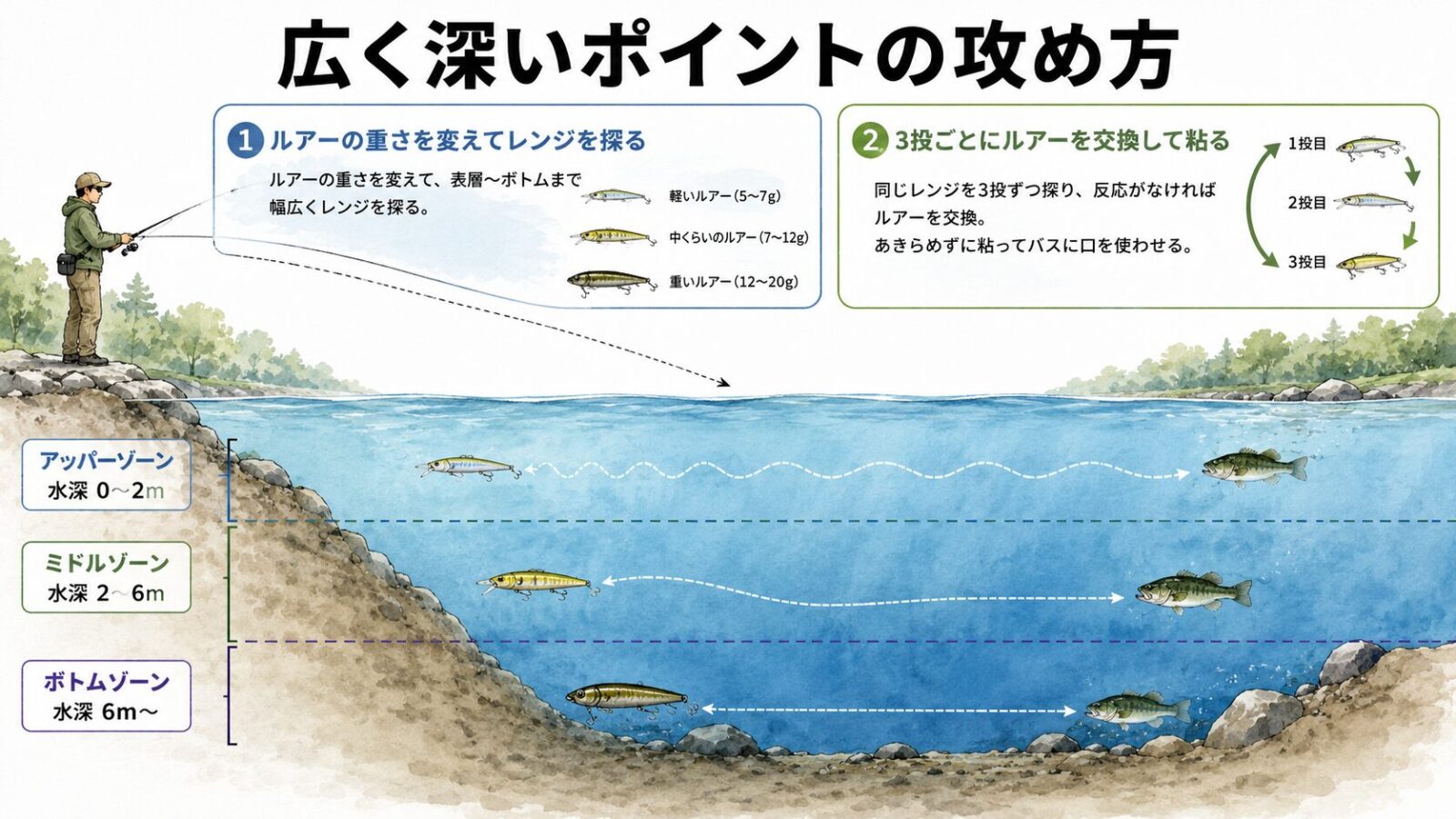 広く深い場所の攻め方の図解