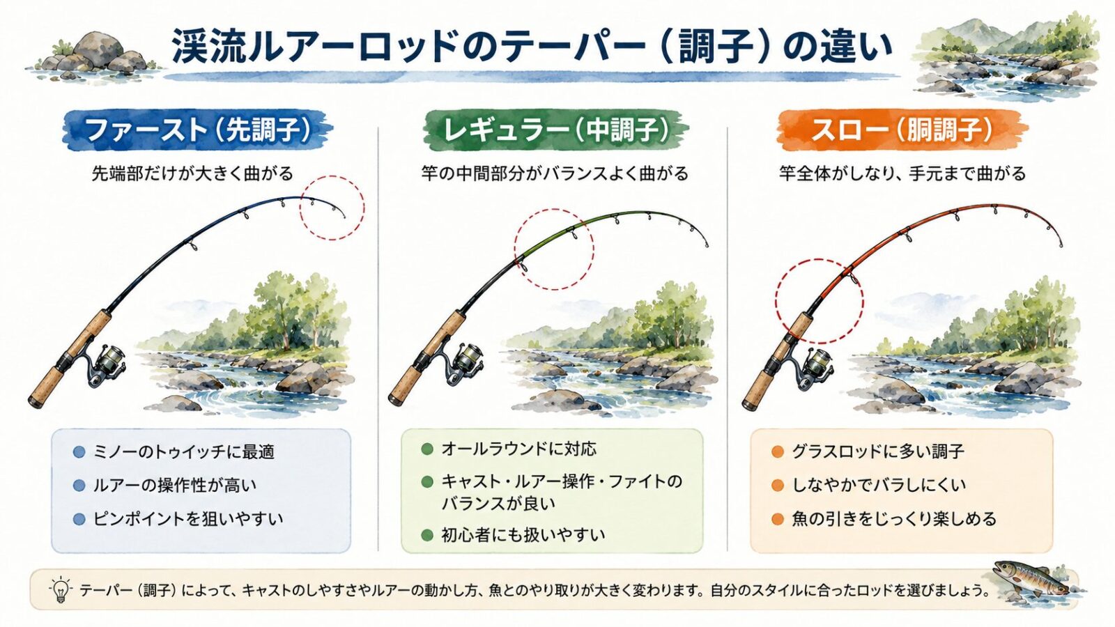 渓流ロッドのテーパーの違い図解