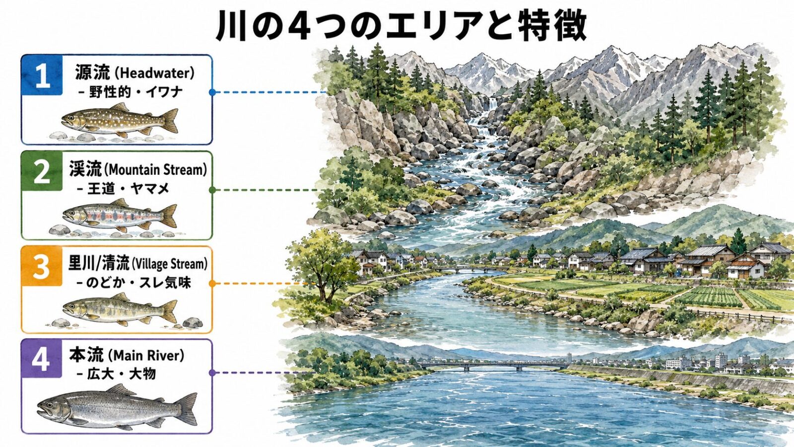 川の4つのエリアと特徴の図解