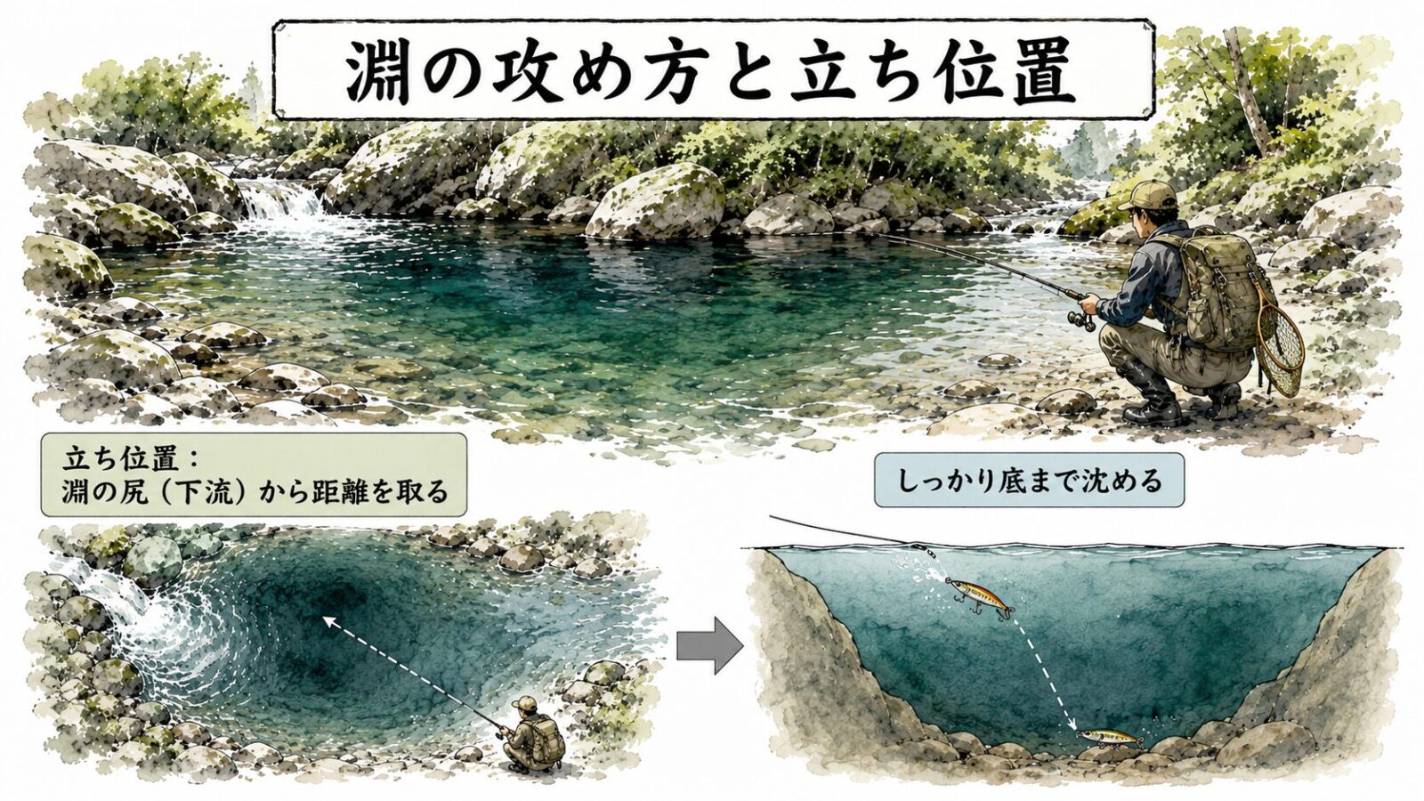 淵の攻め方と立ち位置の図解