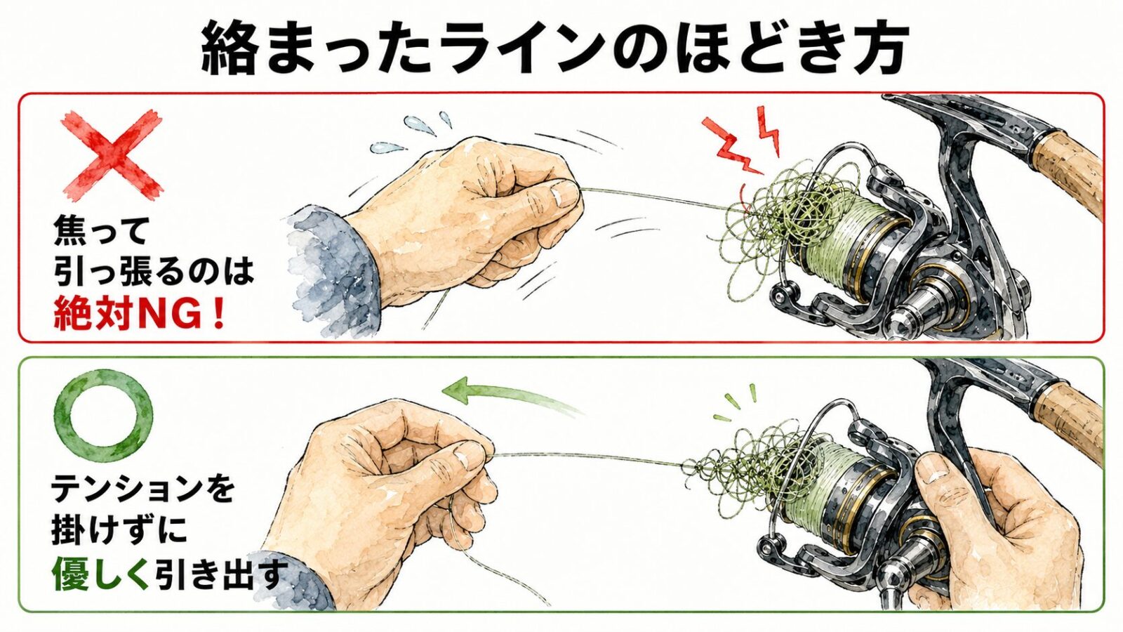 絡まりをほどく手順の図解
