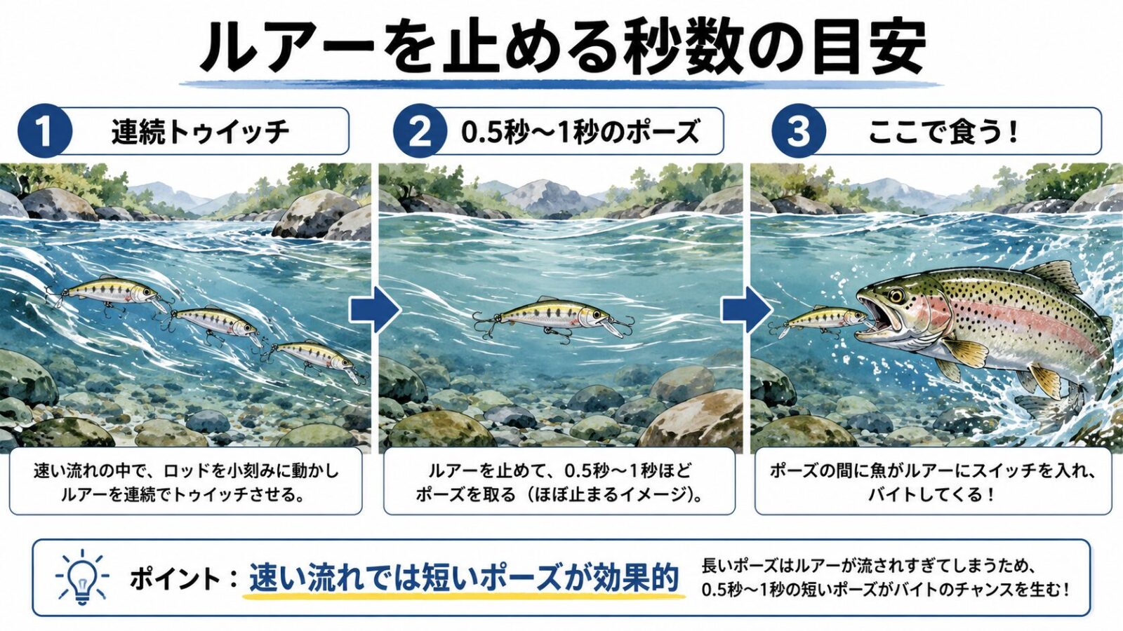 ルアーを止める秒数の目安図解