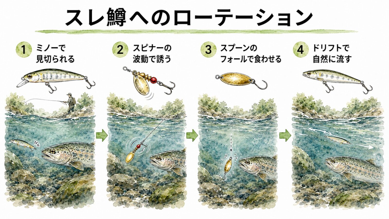 スレ鱒へのルアーローテーション図解