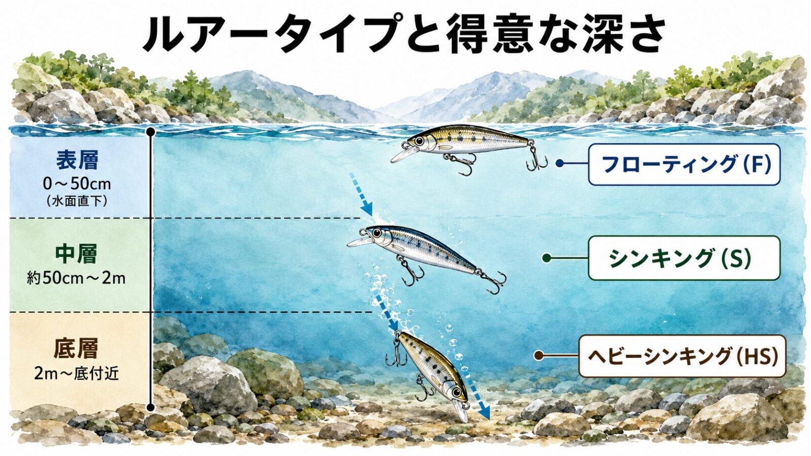 ルアータイプと得意な深さ図解