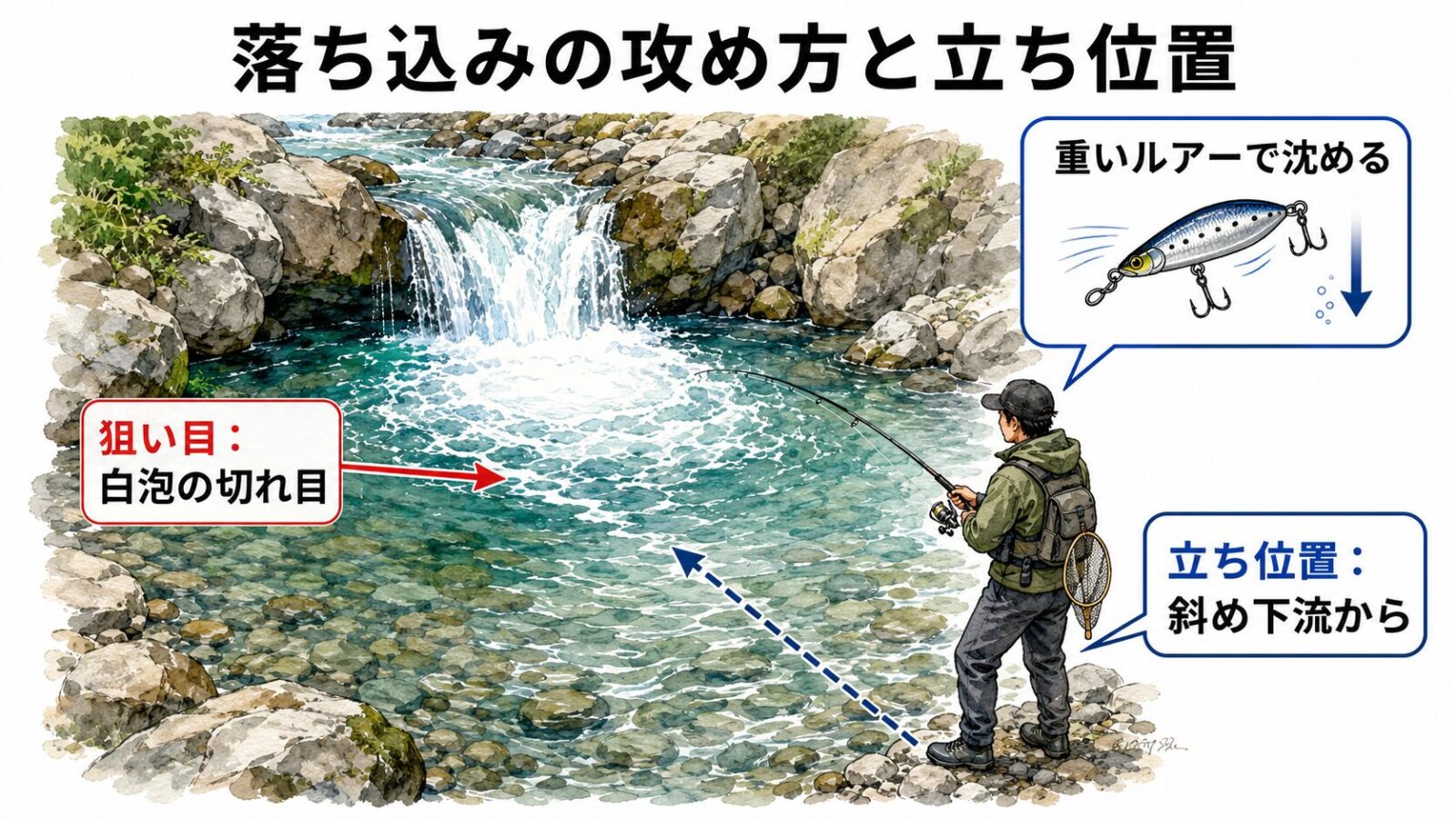 落ち込みの攻め方と立ち位置の図解