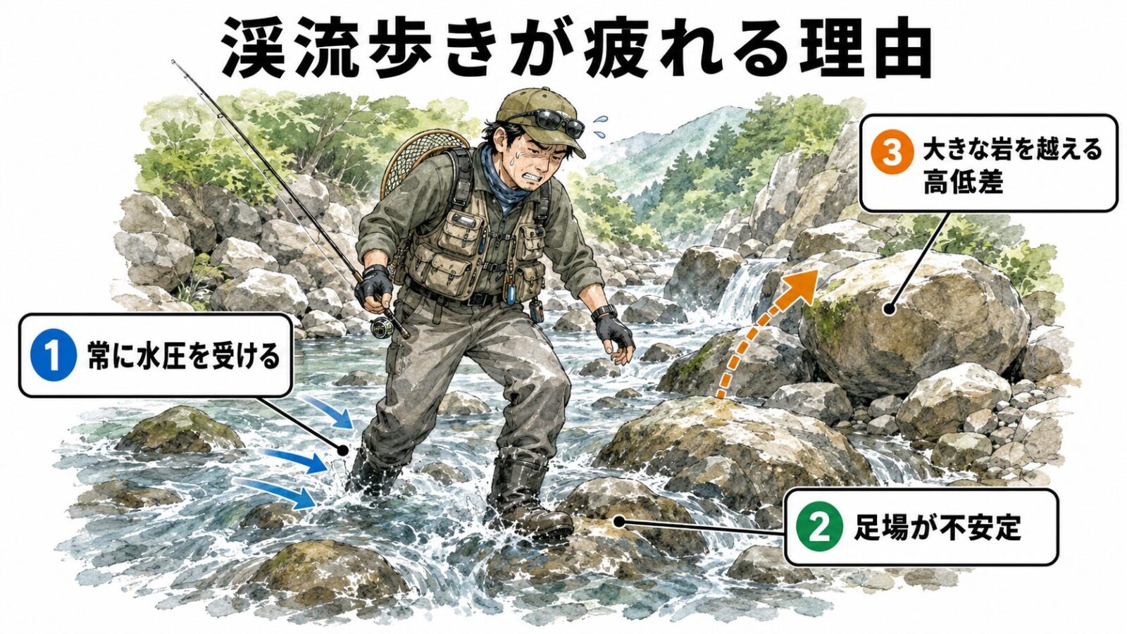 渓流歩きが疲れる理由の図解