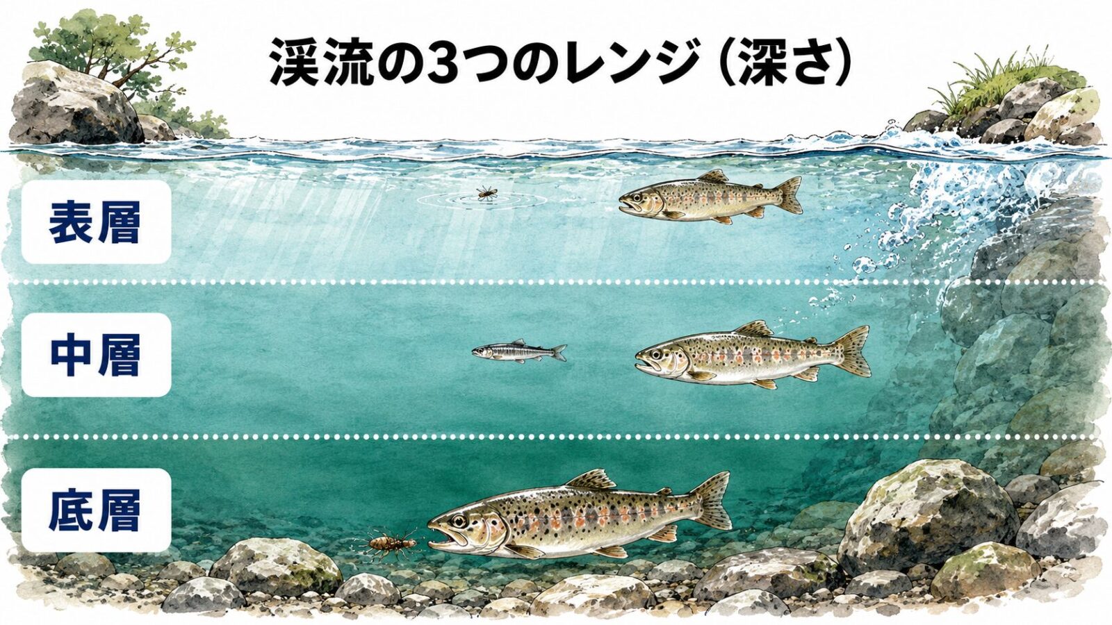 渓流の3つのレンジ（表層・中層・底層）図解