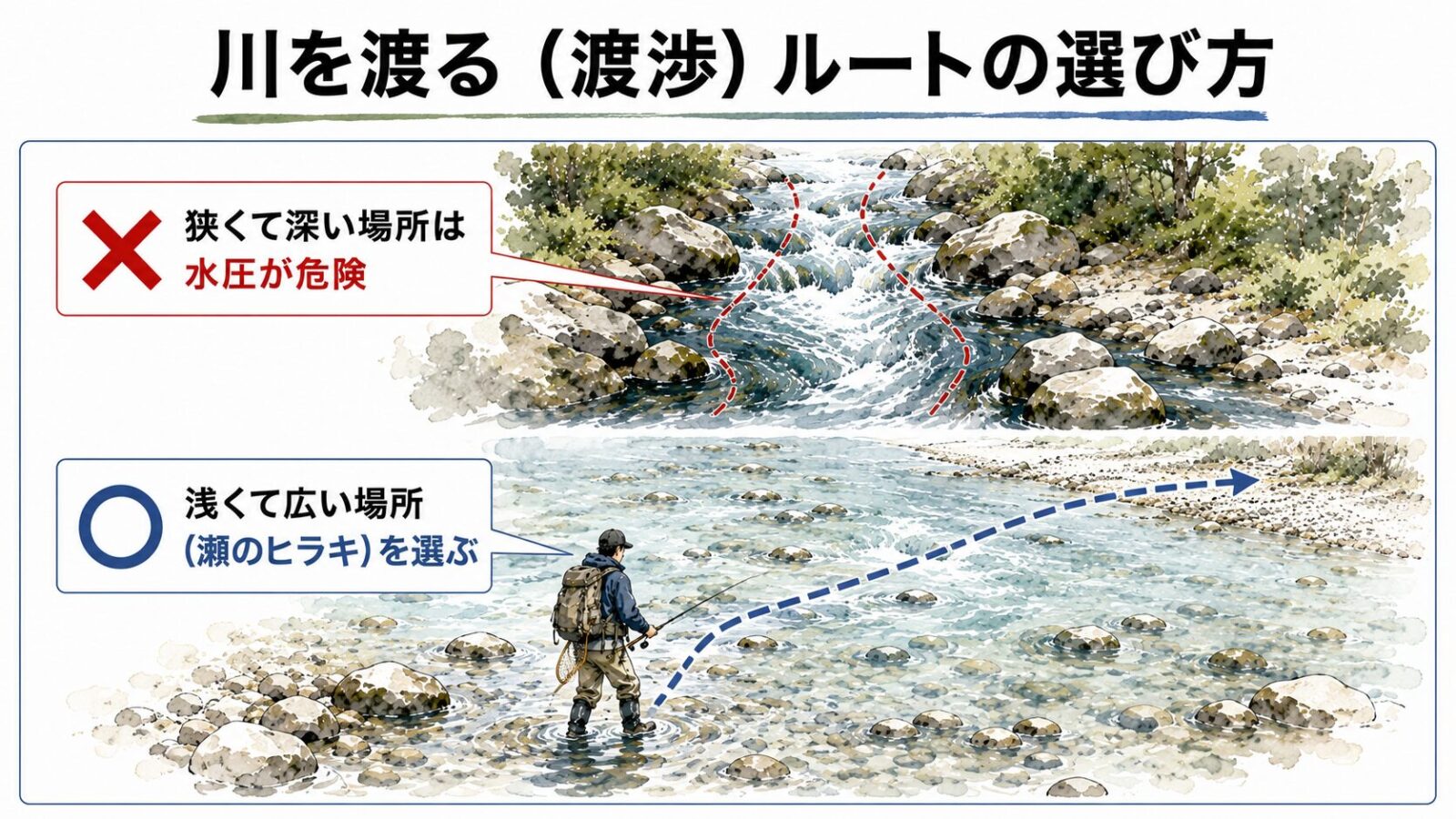 安全な渡渉ルートの選び方図解