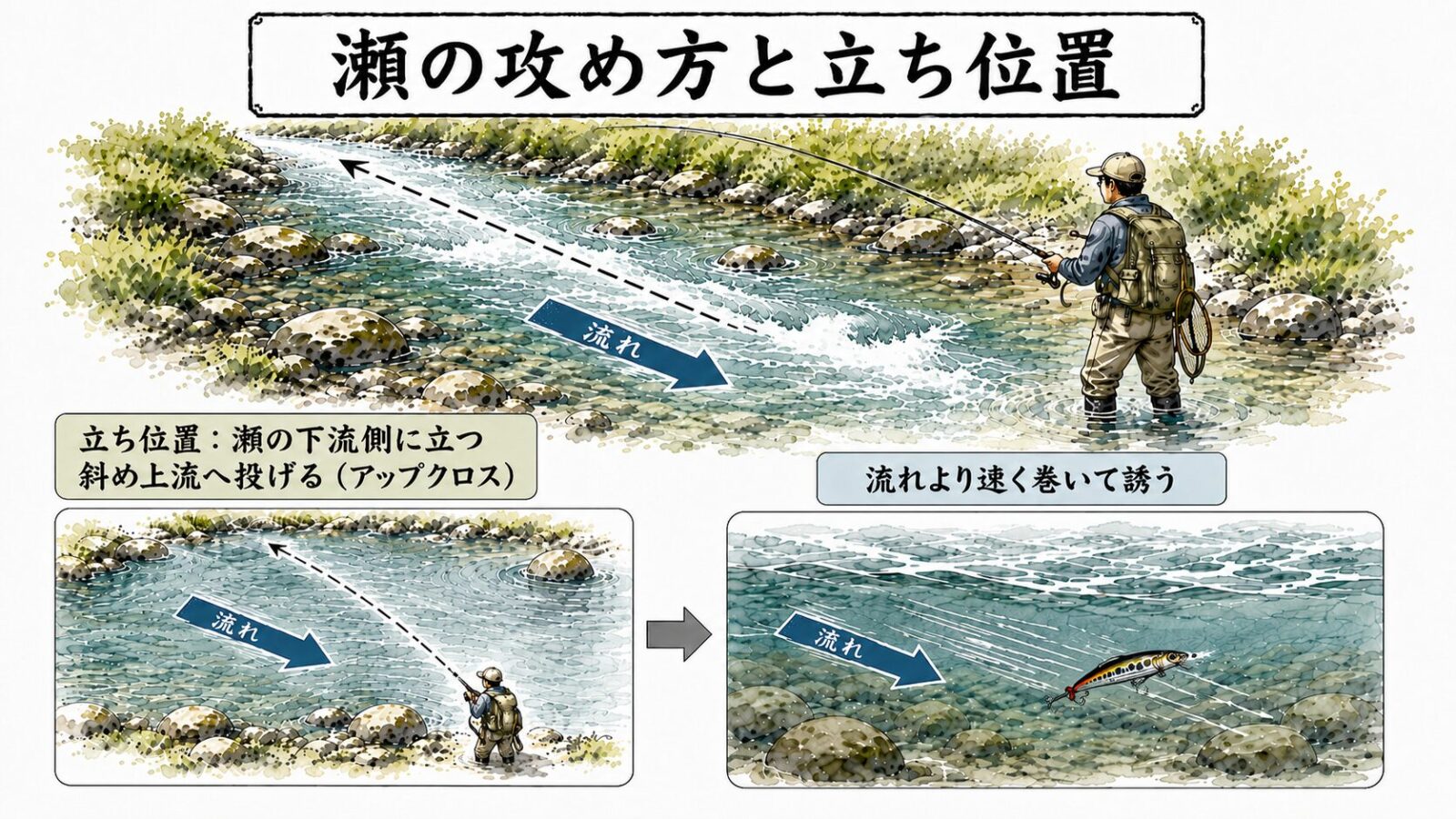 瀬の攻め方とアップクロスの図解