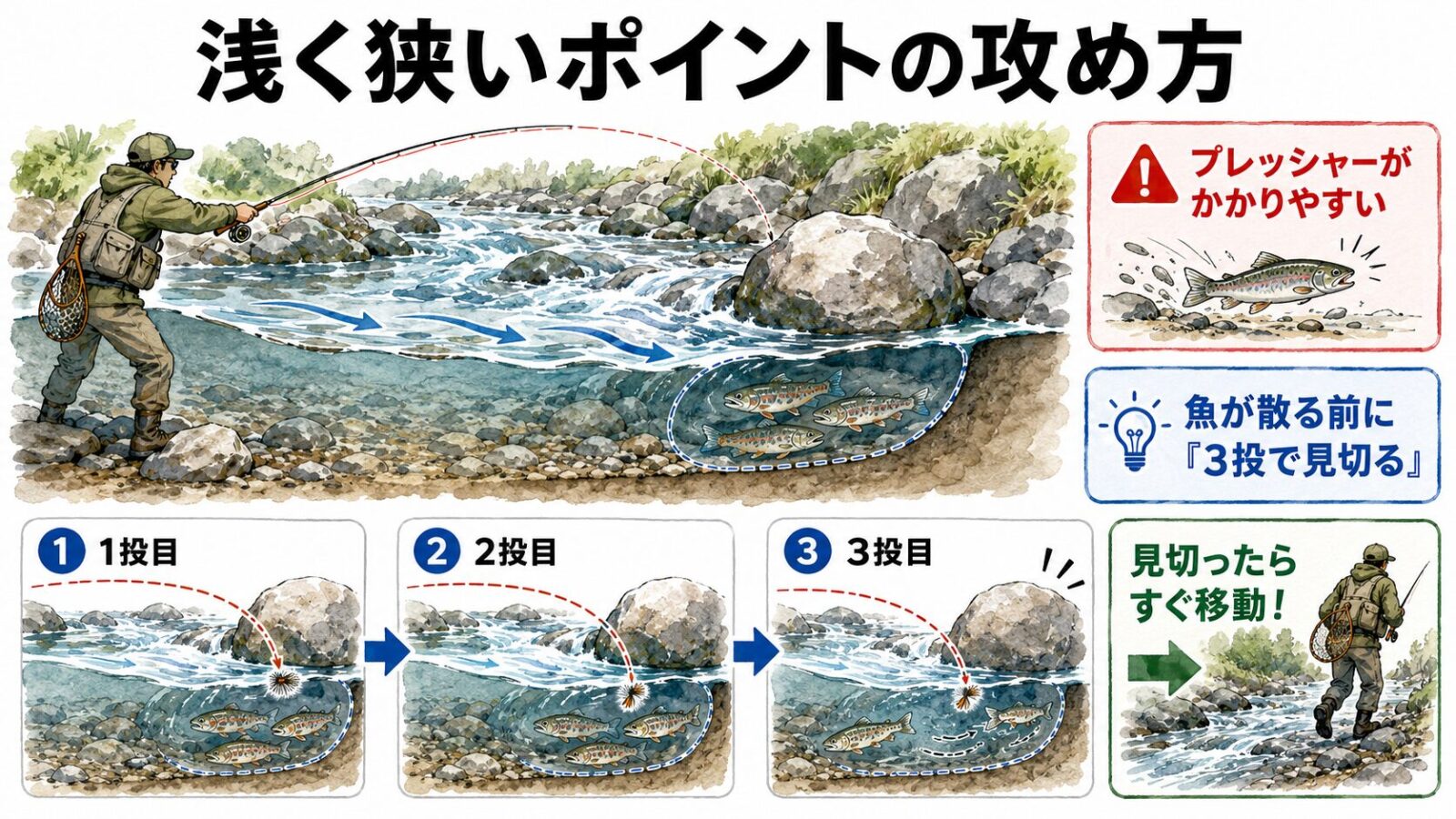 浅く狭い場所の攻め方の図解