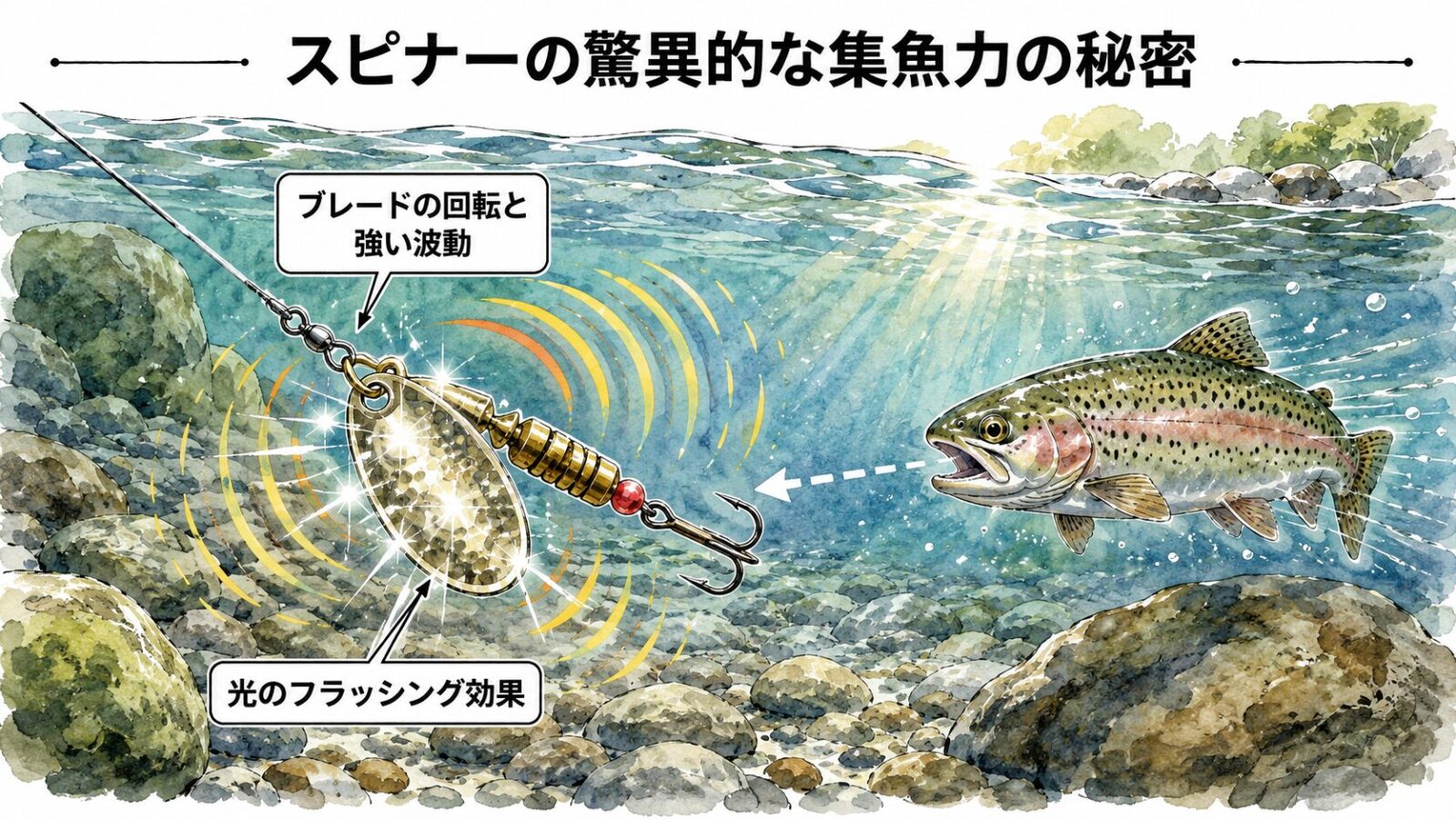 スピナーのブレードの回転と集魚効果の図解