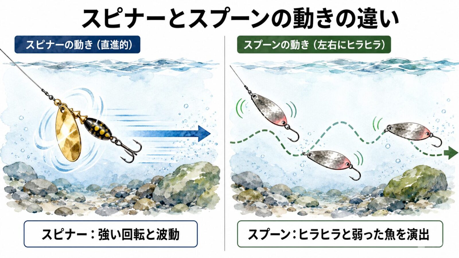 スピナーとスプーンの動きの違い図解