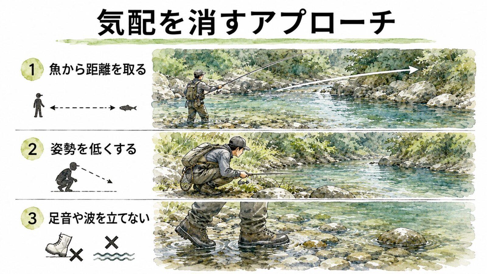 気配を消すアプローチと立ち位置の図解