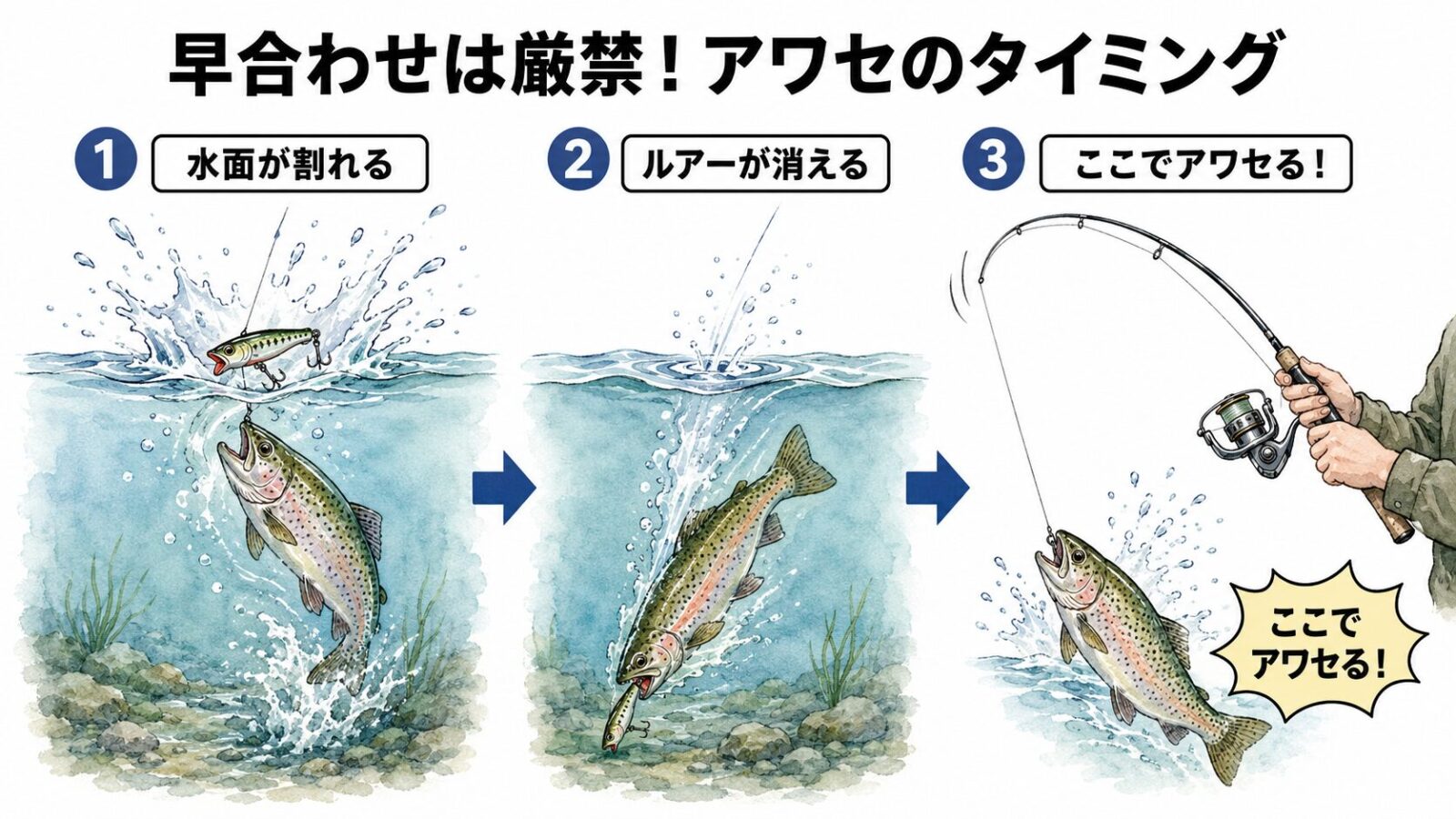 トップウォーターでのアワセのタイミング図解