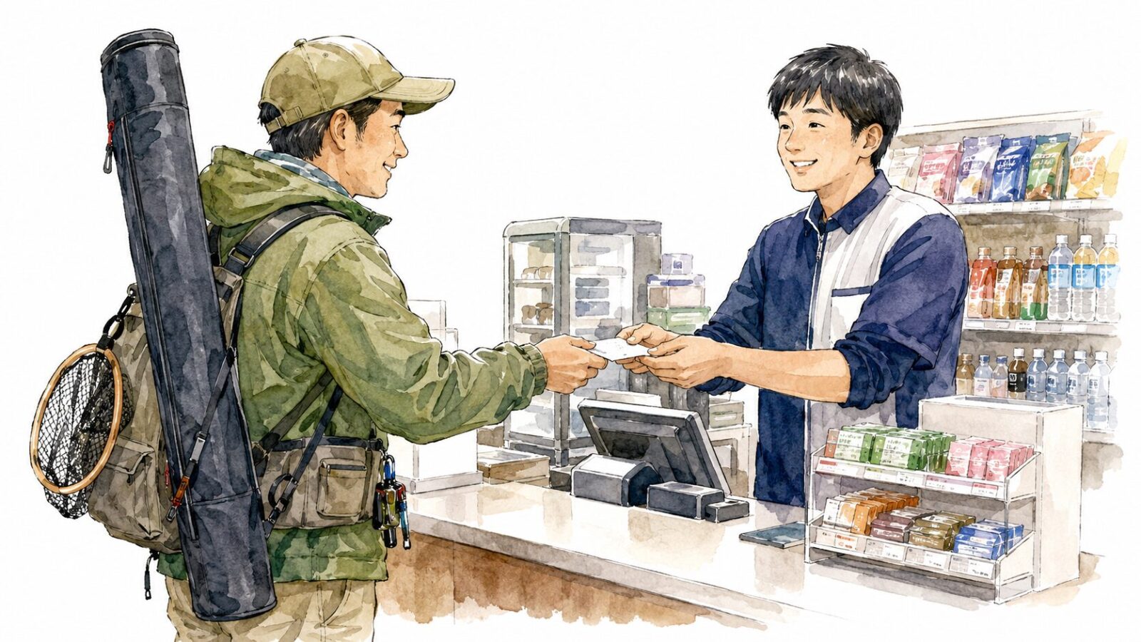 コンビニで遊漁券を購入するアングラー