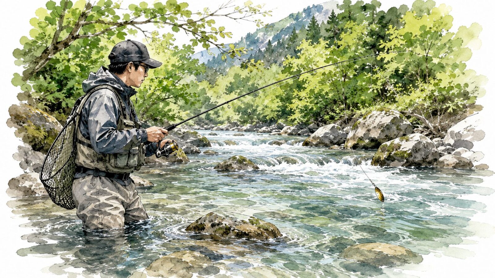 渓流でスプーンをキャストするアングラー