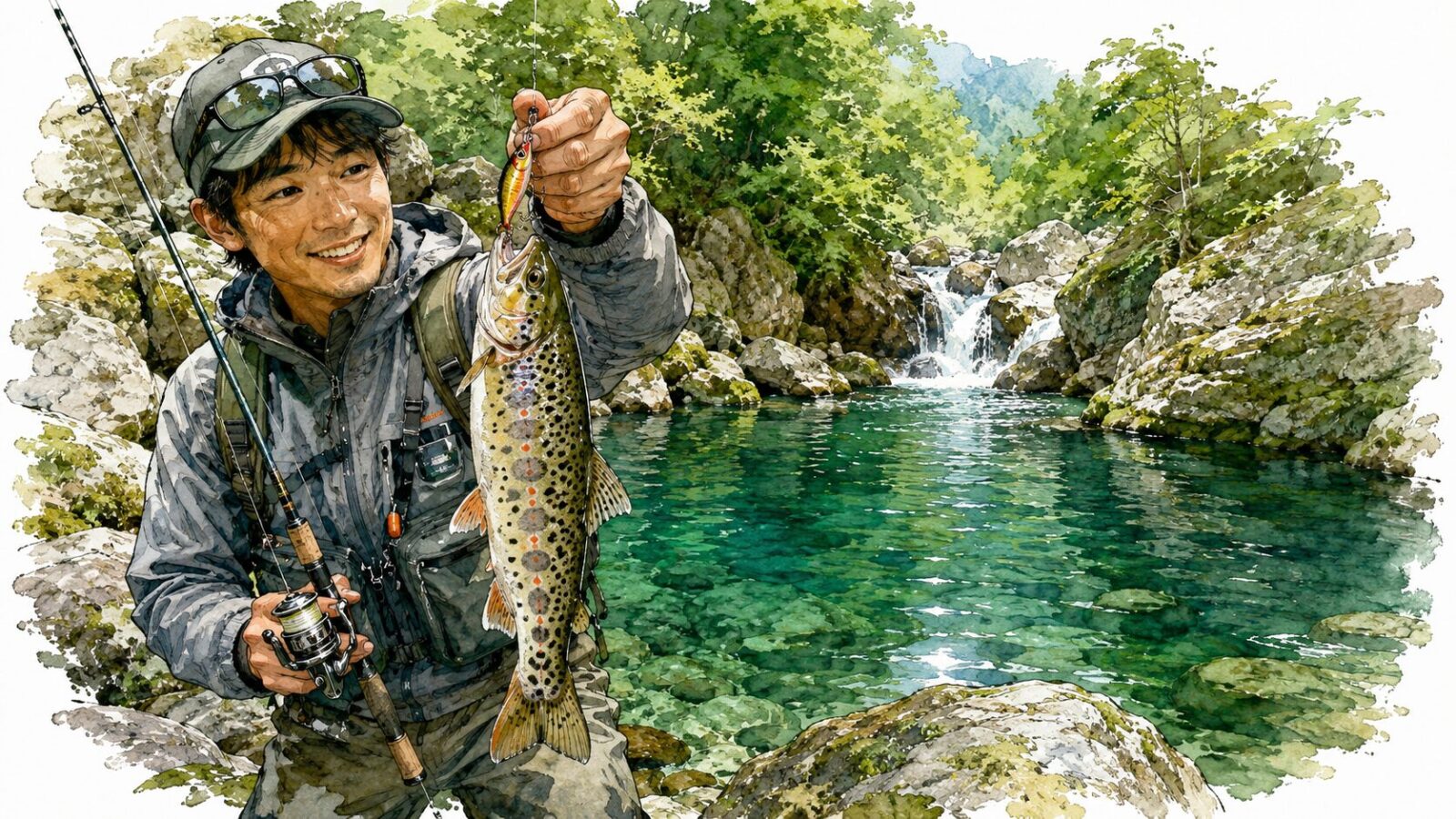 深い淵で底を攻めて釣り上げたトラウト