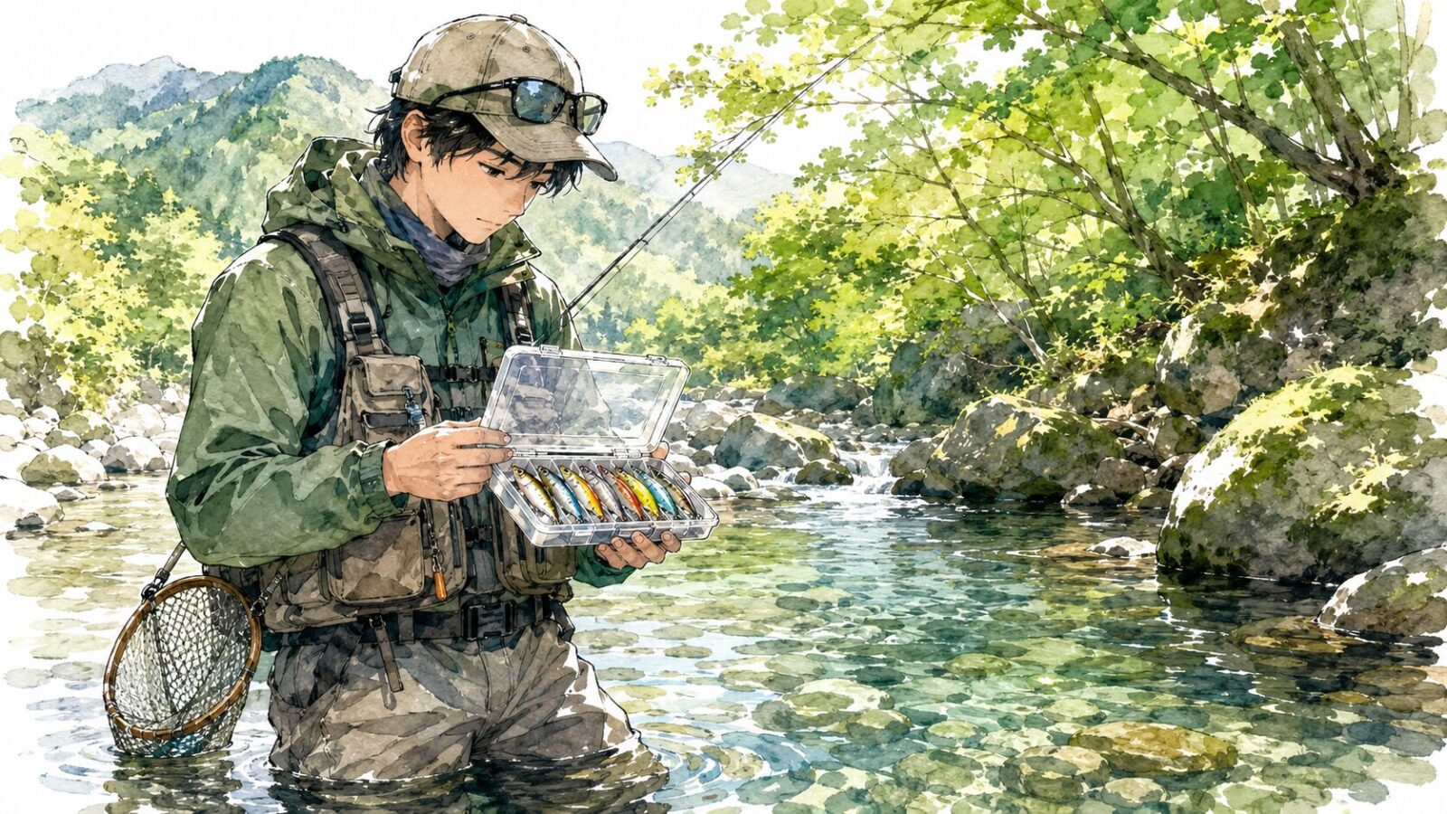 渓流でルアーケースを開けて色を選ぶアングラー