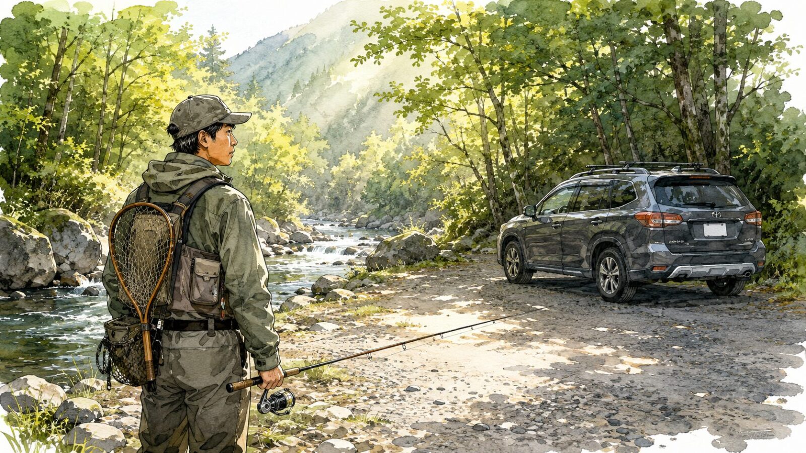 入渓点に停まる見知らぬ車を見てガッカリする様子